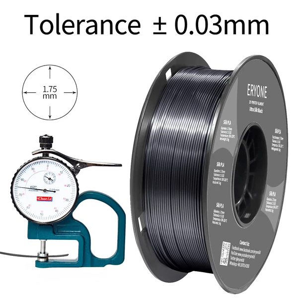 ERYONE Ultra Selyem PLA 3D nyomtató filament, 1.75mm, 0.03mm tűrés, 1kg tekercs - fekete