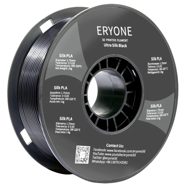 ERYONE Ultra Selyem PLA 3D nyomtató filament, 1.75mm, 0.03mm tűrés, 1kg tekercs - fekete