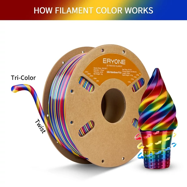 Eryone selyem csavart szivárvány pla filament 1kg – pszichedelikus (piros&sárga&kék)