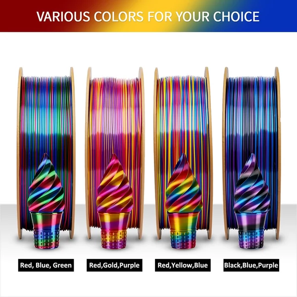 Eryone selyem csavart szivárvány pla filament 1kg – pszichedelikus (piros&sárga&kék)