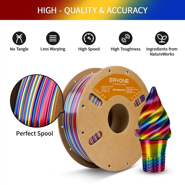 Eryone selyem csavart szivárvány pla filament 1kg – pszichedelikus (piros&sárga&kék)