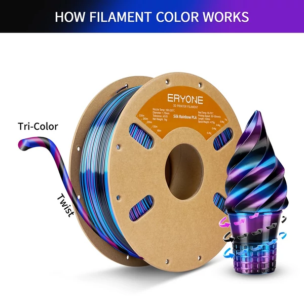 Eryone selyem csavart szivárvány pla filament 1kg – obszidián (fekete&kék&lila)