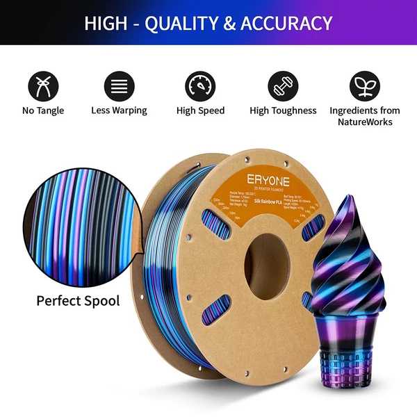 Eryone selyem csavart szivárvány pla filament 1kg – obszidián (fekete&kék&lila)