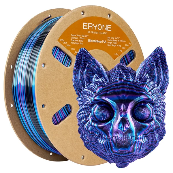 Eryone selyem csavart szivárvány pla filament 1kg – obszidián (fekete&kék&lila)