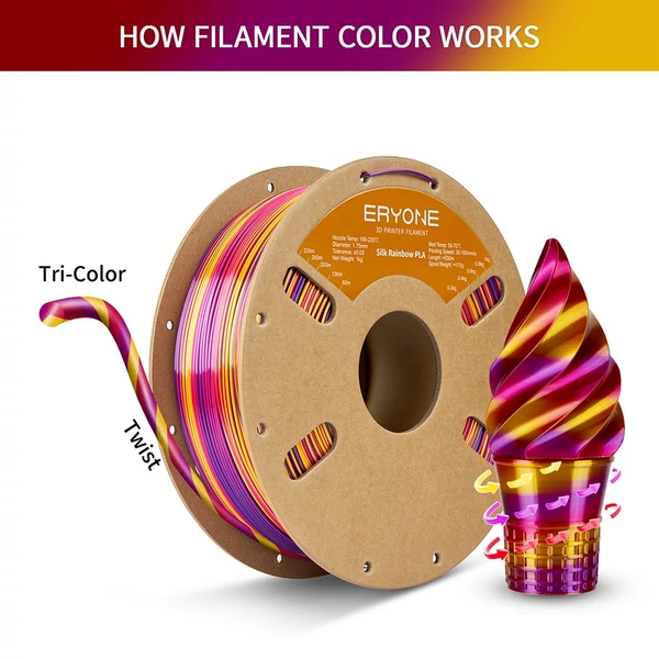 Eryone selyem csavart szivárvány pla filament 1kg – inferno (piros&arany&lila)