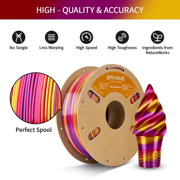Eryone selyem csavart szivárvány pla filament 1kg – inferno (piros&arany&lila)