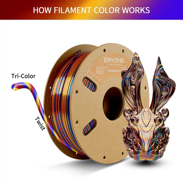 Eryone selyem csavart szivárvány pla filament 1kg – piros&arany&kék
