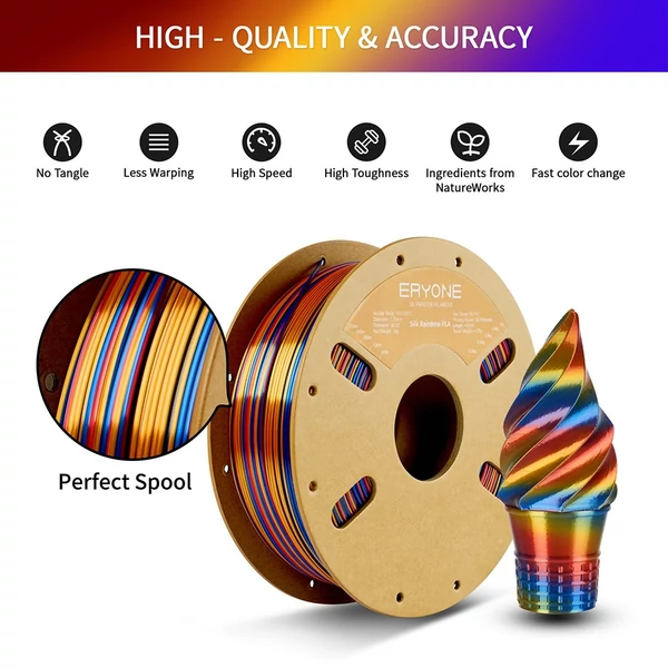 Eryone selyem csavart szivárvány pla filament 1kg – piros&arany&kék