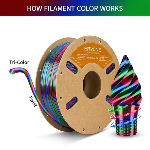 Eryone selyem csavart szivárvány pla filament 1kg – vortex (piros&kék&zöld)