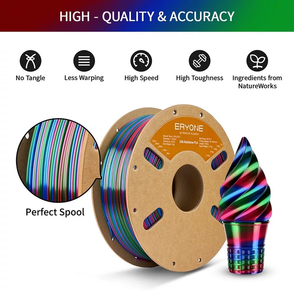 Eryone selyem csavart szivárvány pla filament 1kg – vortex (piros&kék&zöld)
