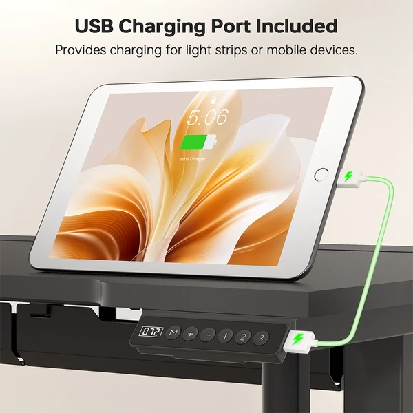 ACGAM állítható magasságú elektromos gamer asztal, LED fénnyel, USB porttal, 140×68 cm - Fekete