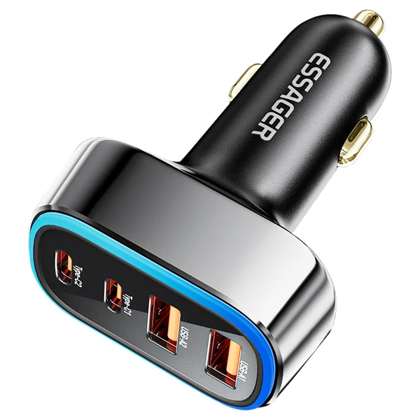 ESSAGER 70W autós töltő, 2 USB-A + 2 Type-C, PD gyorstöltés, színes környezeti fény, 12-24V járművekhez - Fekete