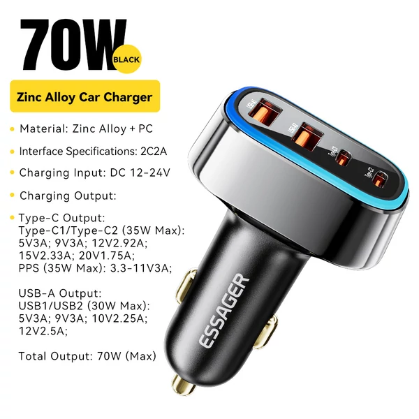 ESSAGER 70W autós töltő, 2 USB-A + 2 Type-C, PD gyorstöltés, színes környezeti fény, 12-24V járművekhez - Fekete