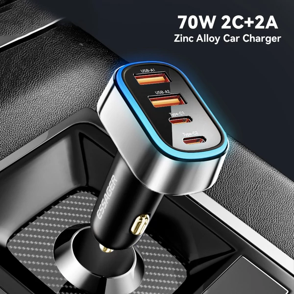ESSAGER 70W autós töltő, 2 USB-A + 2 Type-C, PD gyorstöltés, színes környezeti fény, 12-24V járművekhez - Fekete