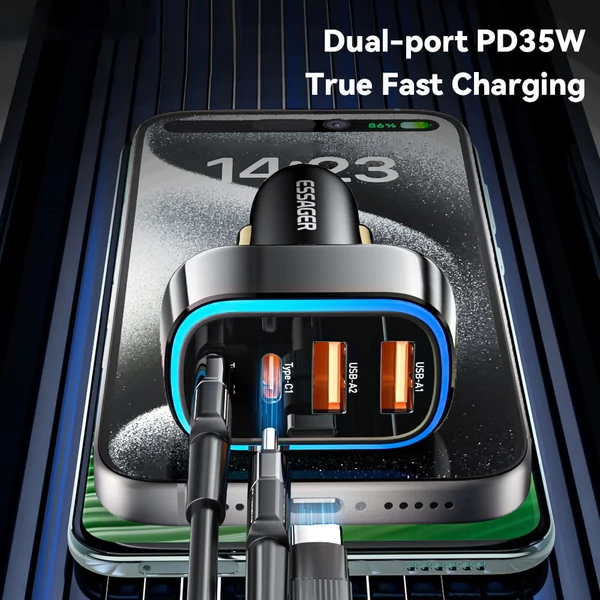 ESSAGER 70W autós töltő, 2 USB-A + 2 Type-C, PD gyorstöltés, színes környezeti fény, 12-24V járművekhez - Fekete