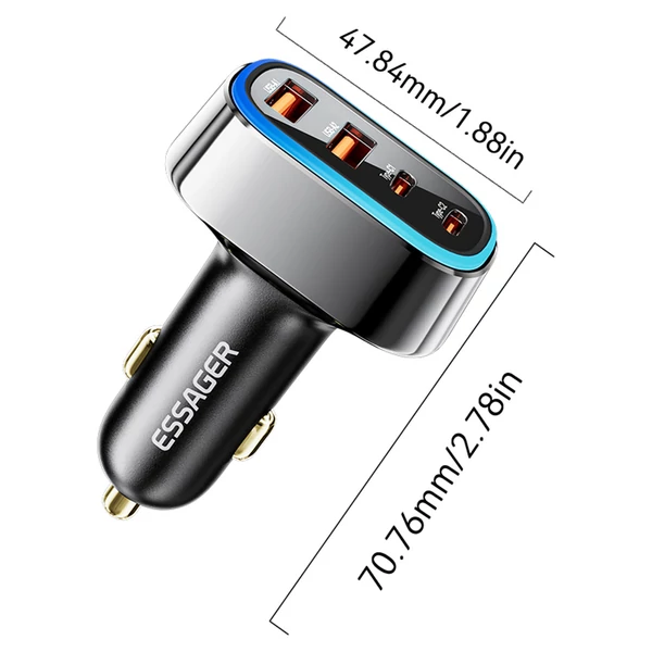 ESSAGER 70W autós töltő, 2 USB-A + 2 Type-C, PD gyorstöltés, színes környezeti fény, 12-24V járművekhez - Fekete