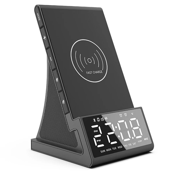 GREEN TIME X7 Vezeték nélküli gyors töltő, ébresztőórás rádió, LED okos digitális asztali Bluetooth hangszóró