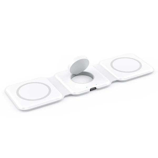 15W Hordozható 3 az 1-ben Mágneses Vezeték Nélküli Töltő, Szilikon Összecsukható Gyors Töltőállvány iPhone 12/13-hoz - Fehér