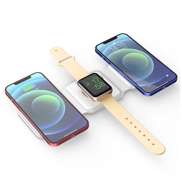 15W Hordozható 3 az 1-ben Mágneses Vezeték Nélküli Töltő, Szilikon Összecsukható Gyors Töltőállvány iPhone 12/13-hoz - Fehér