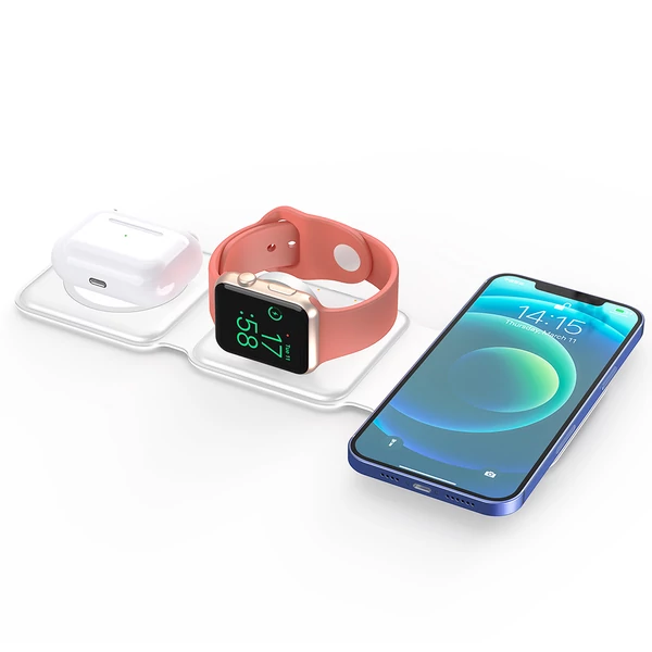 15W Hordozható 3 az 1-ben Mágneses Vezeték Nélküli Töltő, Szilikon Összecsukható Gyors Töltőállvány iPhone 12/13-hoz - Fehér