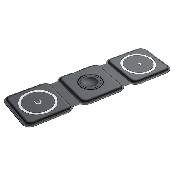 15W hordozható 3 az 1-ben mágneses vezeték nélküli töltő, szilikon, összehajtható állvány iPhone 12/13-hoz - fekete