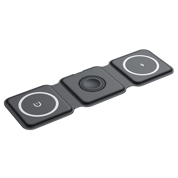 15W hordozható 3 az 1-ben mágneses vezeték nélküli töltő, szilikon, összehajtható állvány iPhone 12/13-hoz - fekete