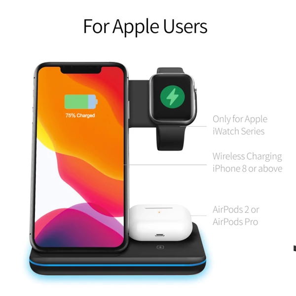 3 az 1-ben 15W mágneses vezeték nélküli töltő iPhone/Apple Watch/fülhallgatóhoz, gyorstöltő állvány - fekete