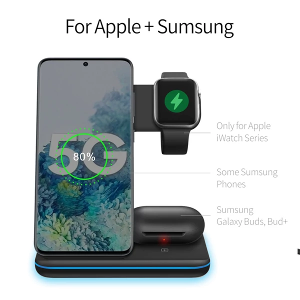 3 az 1-ben 15W mágneses vezeték nélküli töltő iPhone/Apple Watch/fülhallgatóhoz, gyorstöltő állvány - fekete