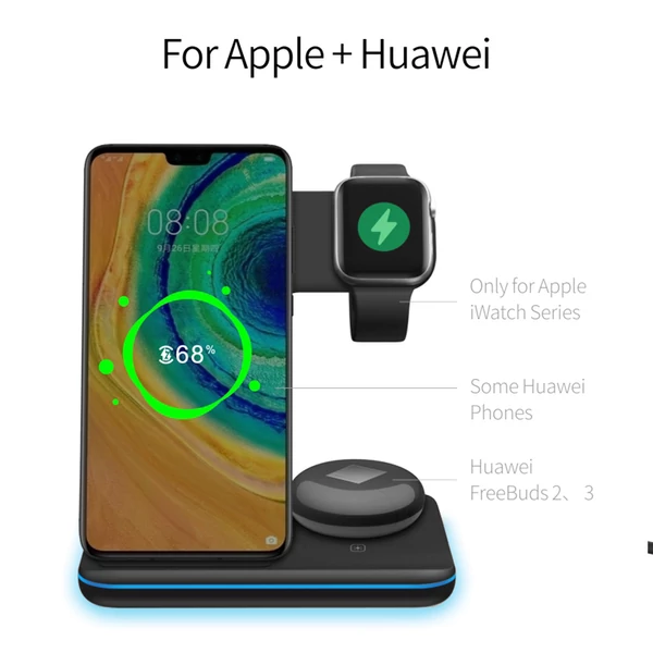 3 az 1-ben 15W mágneses vezeték nélküli töltő iPhone/Apple Watch/fülhallgatóhoz, gyorstöltő állvány - fekete