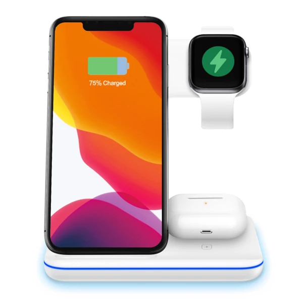 Multifunkciós 15W 3 az 1-ben mágneses vezeték nélküli töltő iPhone/Apple Watch/fülhallgatóhoz, gyors töltőállvány - fehér