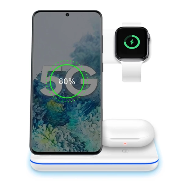 Multifunkciós 15W 3 az 1-ben mágneses vezeték nélküli töltő iPhone/Apple Watch/fülhallgatóhoz, gyors töltőállvány - fehér