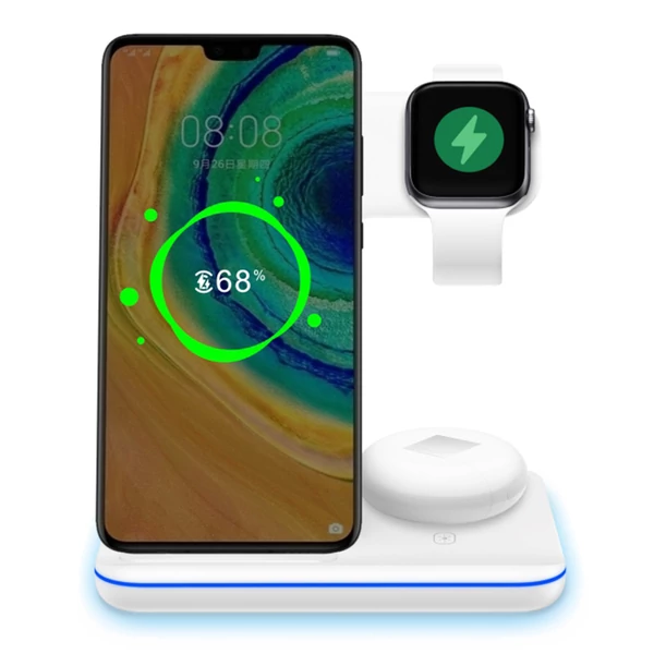 Multifunkciós 15W 3 az 1-ben mágneses vezeték nélküli töltő iPhone/Apple Watch/fülhallgatóhoz, gyors töltőállvány - fehér