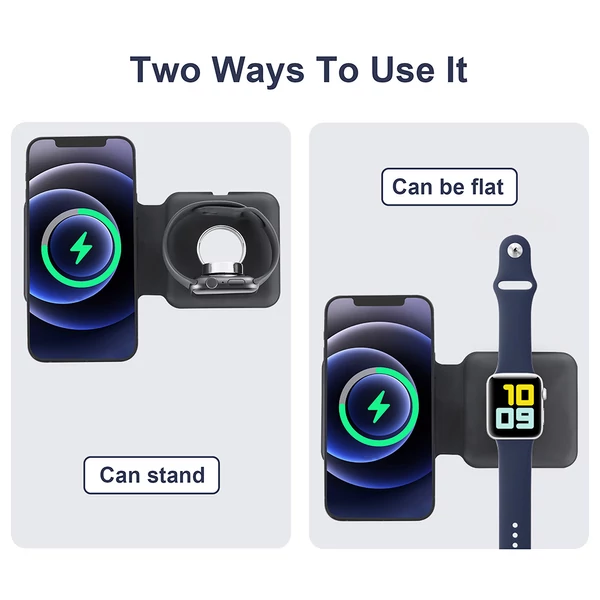 Q500 15W hordozható 2 az 1-ben mágneses vezeték nélküli töltő, összecsukható állomás iPhone 12/iWatch - fekete