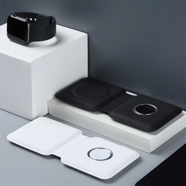 Q500 15W hordozható 2 az 1-ben mágneses vezeték nélküli töltő, összecsukható dokkoló iPhone 12/iWatch-hoz - fehér