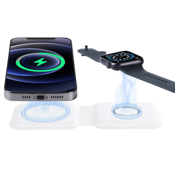 Q500 15W hordozható 2 az 1-ben mágneses vezeték nélküli töltő, összecsukható dokkoló iPhone 12/iWatch-hoz - fehér