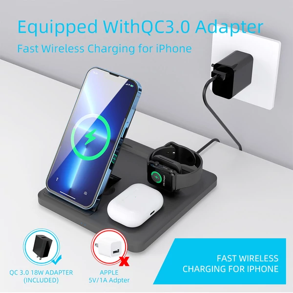 C18 15W 3 az 1-ben összecsukható vezeték nélküli töltőállvány iPhone, Apple Watch, fülhallgatóhoz - fekete
