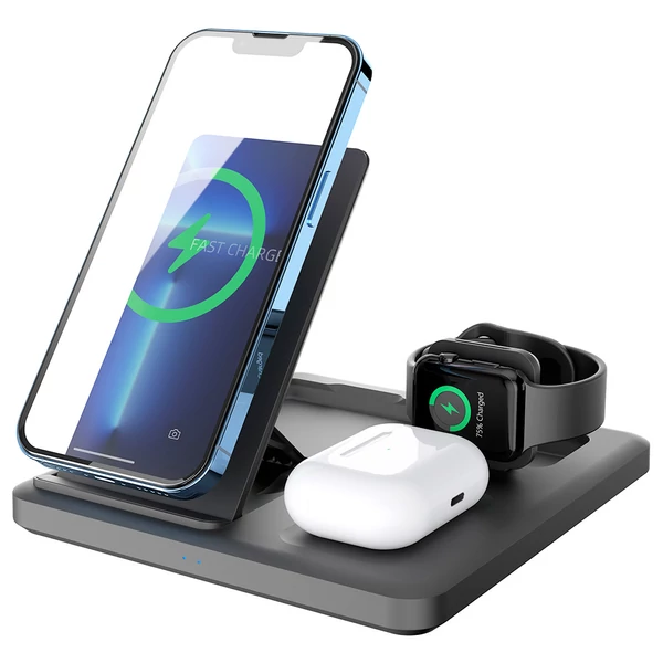 C18 15W 3 az 1-ben összecsukható vezeték nélküli töltőállvány iPhone, Apple Watch, fülhallgatóhoz - fekete