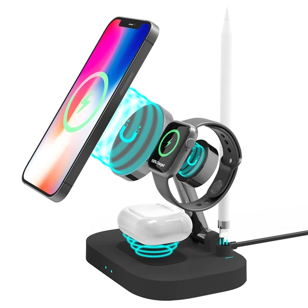 F22 4 az 1-ben mágneses töltőállomás, összecsukható vezeték nélküli töltő iPhone 12/13, Apple Pencil - fekete