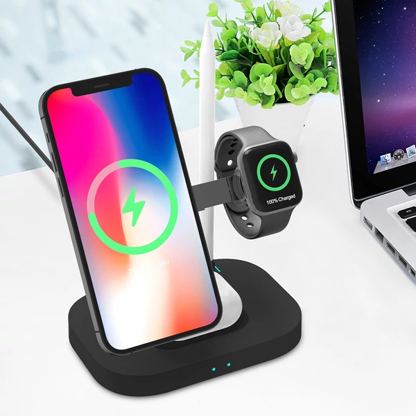 F22 4 az 1-ben mágneses töltőállomás, összecsukható vezeték nélküli töltő iPhone 12/13, Apple Pencil - fekete