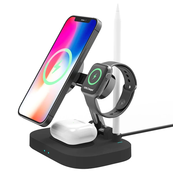 F22 4 az 1-ben mágneses töltőállomás, összecsukható vezeték nélküli töltő iPhone 12/13, Apple Pencil - fekete