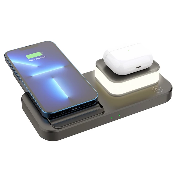 C500 Összecsukható 3 az 1-ben Vezeték Nélküli Töltő, 3 szintes éjjeli fénnyel, USB QC3.0 Apple-hez - Fekete