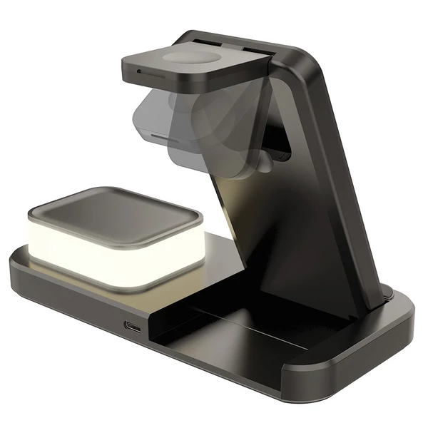 C500 Összecsukható 3 az 1-ben Vezeték Nélküli Töltő, 3 szintes éjjeli fénnyel, USB QC3.0 Apple-hez - Fekete