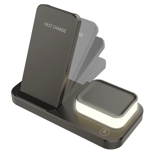 C500 Összecsukható 3 az 1-ben Vezeték Nélküli Töltő, 3 szintes éjjeli fénnyel, USB QC3.0 Apple-hez - Fekete