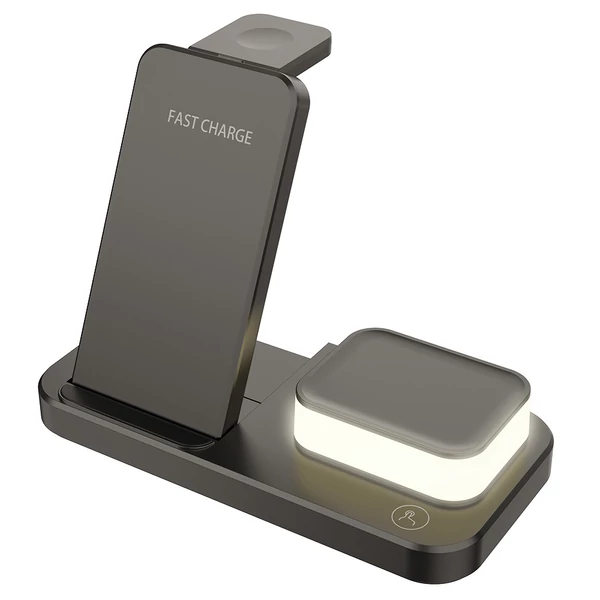 C500 Összecsukható 3 az 1-ben Vezeték Nélküli Töltő, 3 szintes éjjeli fénnyel, USB QC3.0 Apple-hez - Fekete