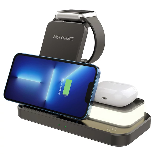 C500 Összecsukható 3 az 1-ben Vezeték Nélküli Töltő, 3 szintes éjjeli fénnyel, USB QC3.0 Apple-hez - Fekete