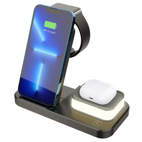 C500 Összecsukható 3 az 1-ben Vezeték Nélküli Töltő, 3 szintes éjjeli fénnyel, USB QC3.0 Apple-hez - Fekete