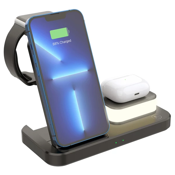 C500 Összecsukható 3 az 1-ben Vezeték Nélküli Töltő, 3 szintes éjjeli fénnyel, USB QC3.0 Apple-hez - Fekete