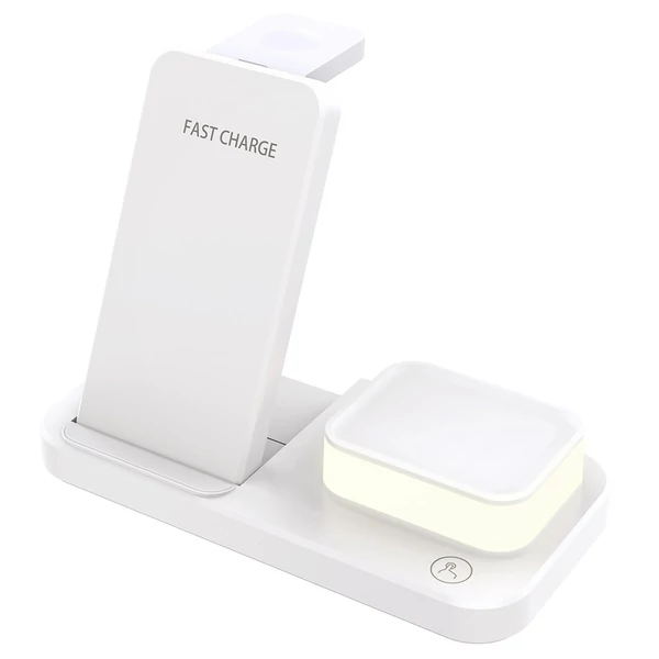 C500 Összecsukható 3 az 1-ben Vezeték Nélküli Töltő, 3 fokozatú éjjeli fénnyel, USB QC3.0 Apple-hez - Fehér