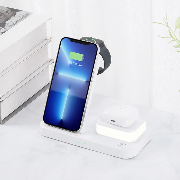 C500 Összecsukható 3 az 1-ben Vezeték Nélküli Töltő, 3 fokozatú éjjeli fénnyel, USB QC3.0 Apple-hez - Fehér