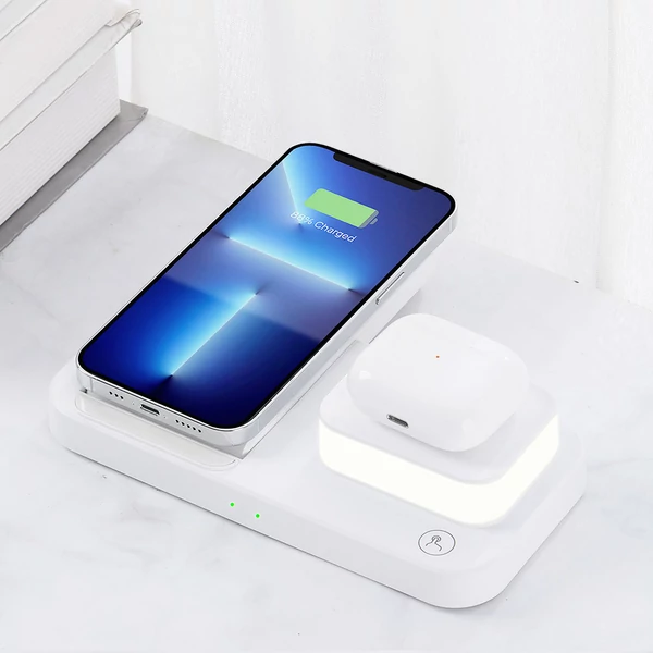 C500 Összecsukható 3 az 1-ben Vezeték Nélküli Töltő, 3 fokozatú éjjeli fénnyel, USB QC3.0 Apple-hez - Fehér